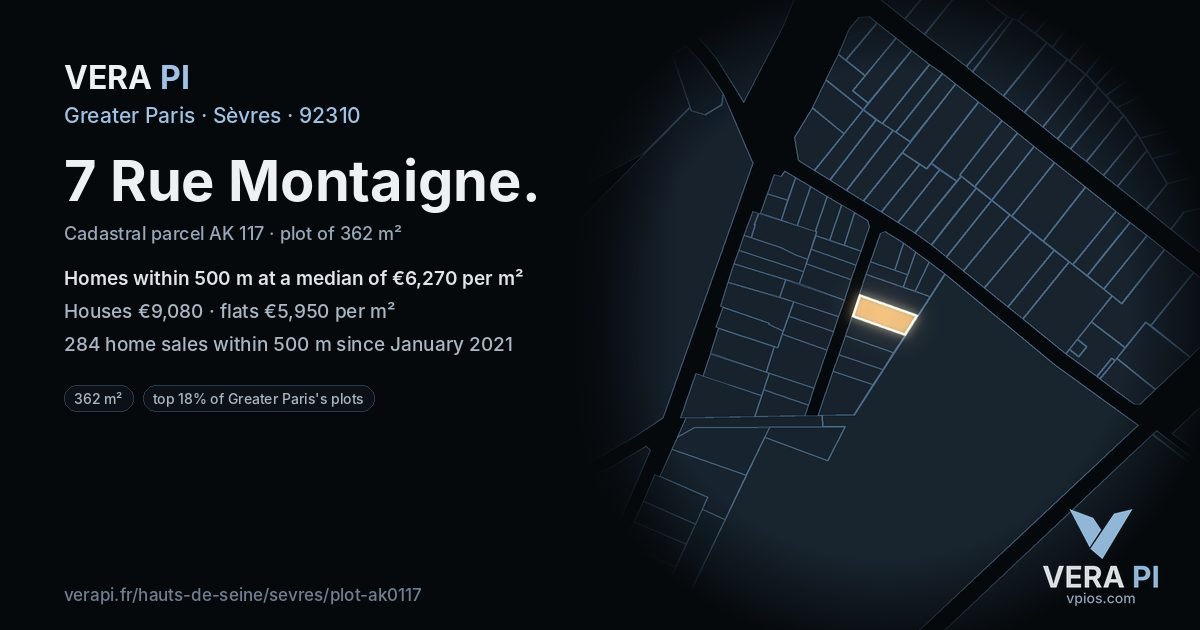 7 Rue Montaigne, Sèvres at night – the plot lit, the parcels around coloured by the prices near them