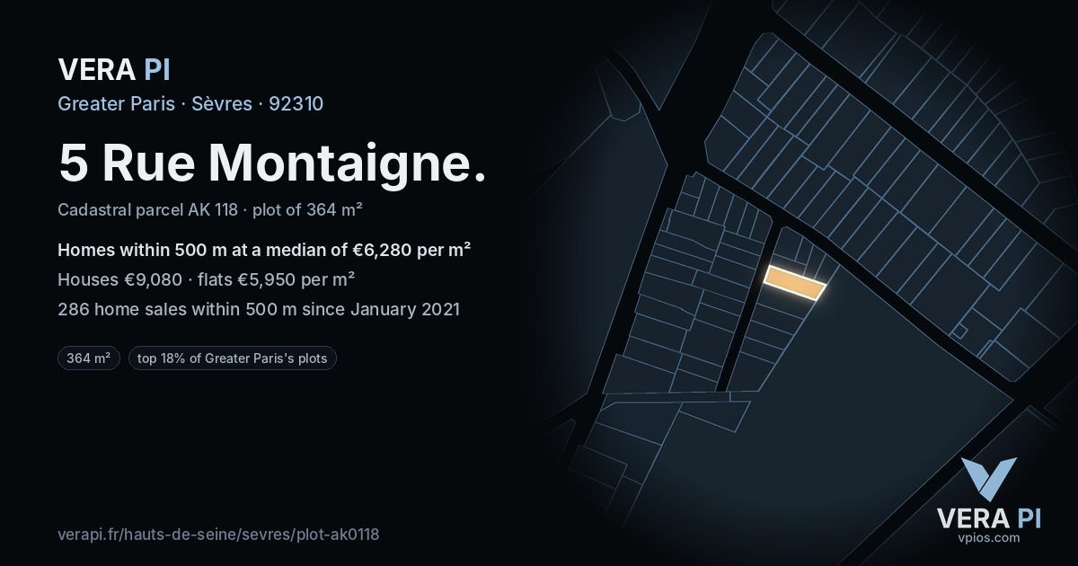 5 Rue Montaigne, Sèvres at night – the plot lit, the parcels around coloured by the prices near them