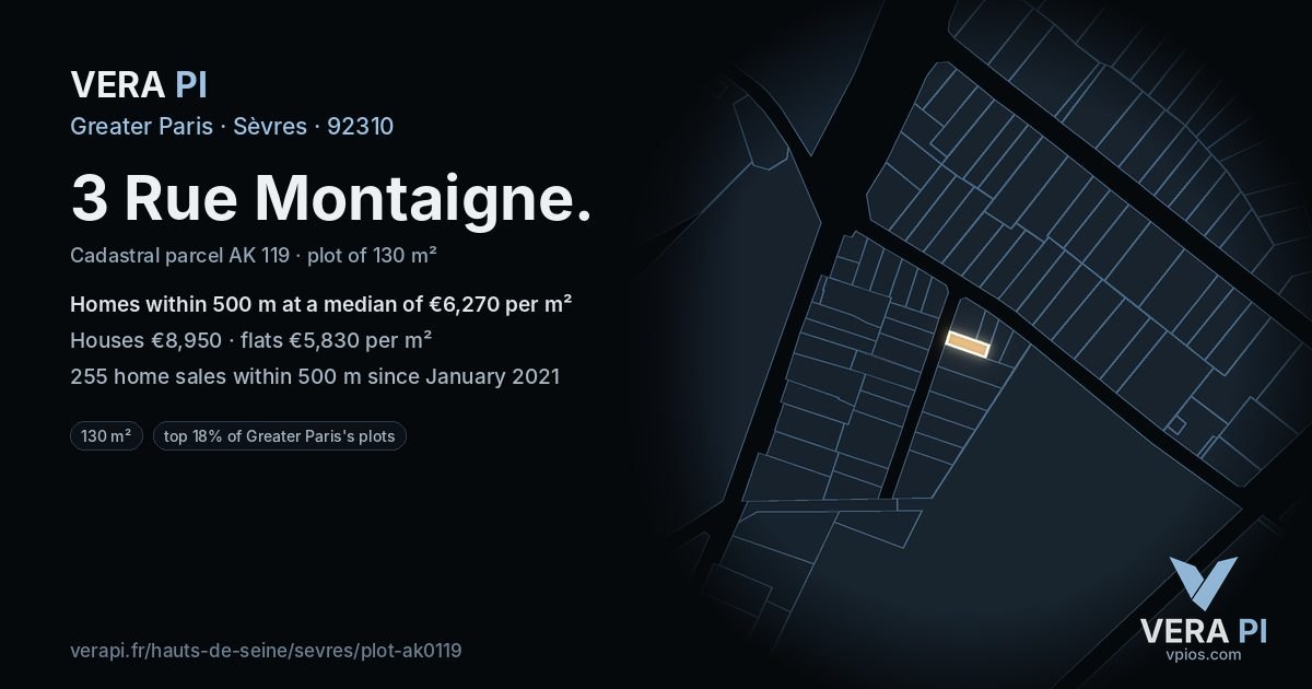 3 Rue Montaigne, Sèvres at night – the plot lit, the parcels around coloured by the prices near them