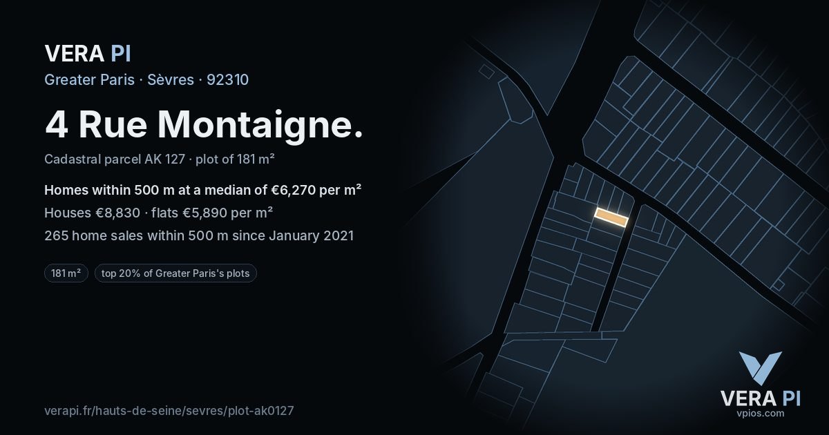 4 Rue Montaigne, Sèvres at night – the plot lit, the parcels around coloured by the prices near them