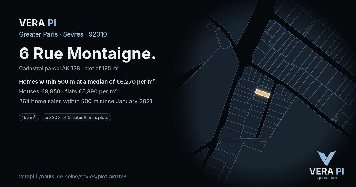 6 Rue Montaigne, Sèvres at night – the plot lit, the parcels around coloured by the prices near them