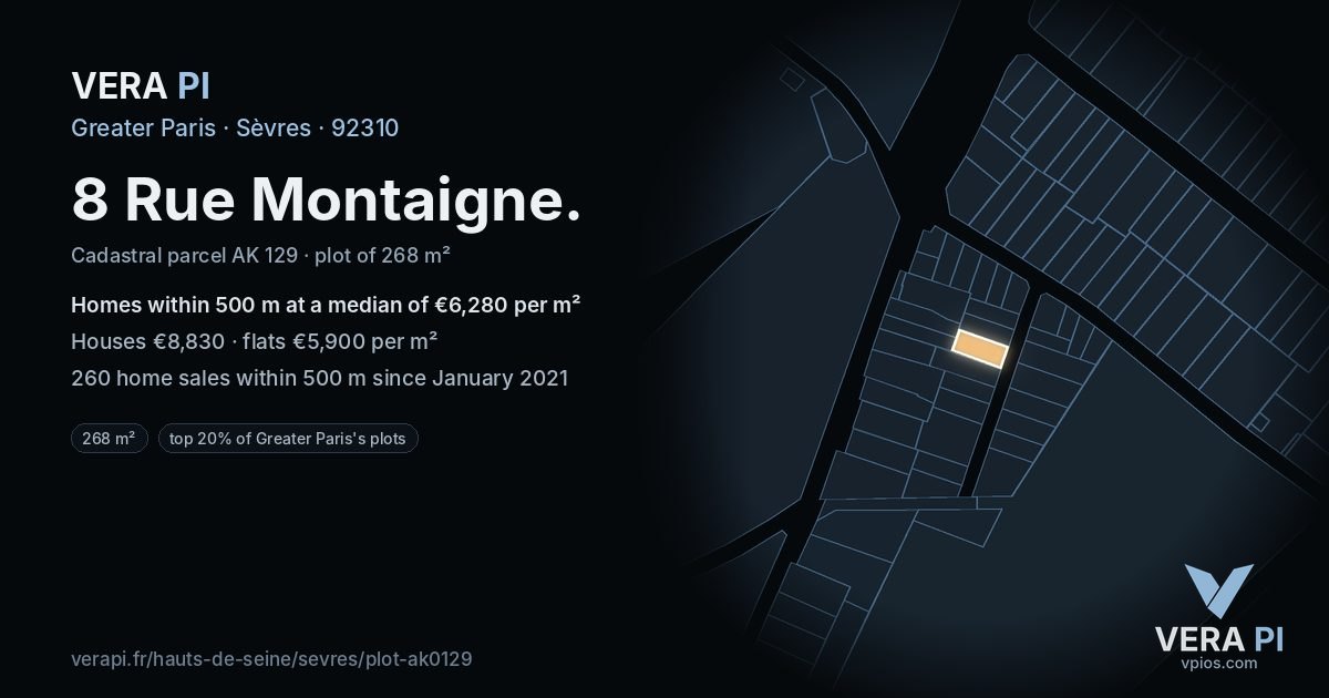 8 Rue Montaigne, Sèvres at night – the plot lit, the parcels around coloured by the prices near them
