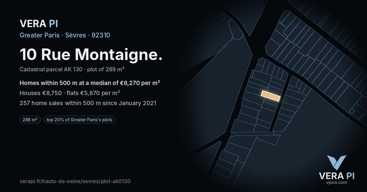 10 Rue Montaigne, Sèvres at night – the plot lit, the parcels around coloured by the prices near them