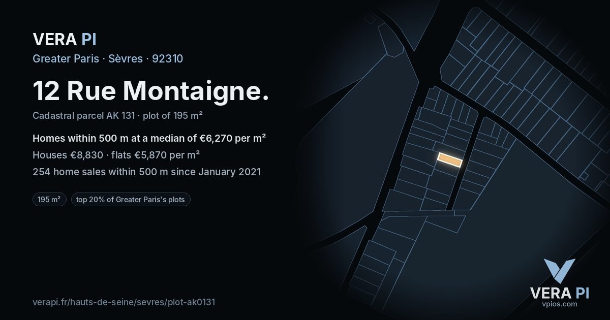 12 Rue Montaigne, Sèvres at night – the plot lit, the parcels around coloured by the prices near them
