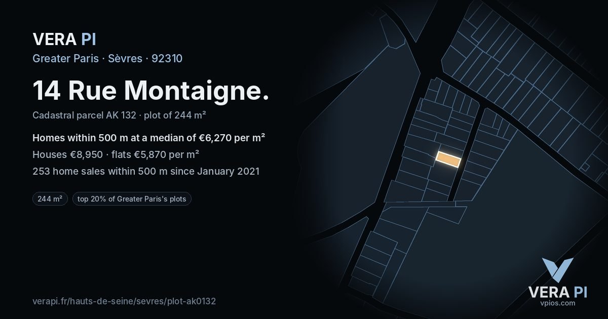 14 Rue Montaigne, Sèvres at night – the plot lit, the parcels around coloured by the prices near them