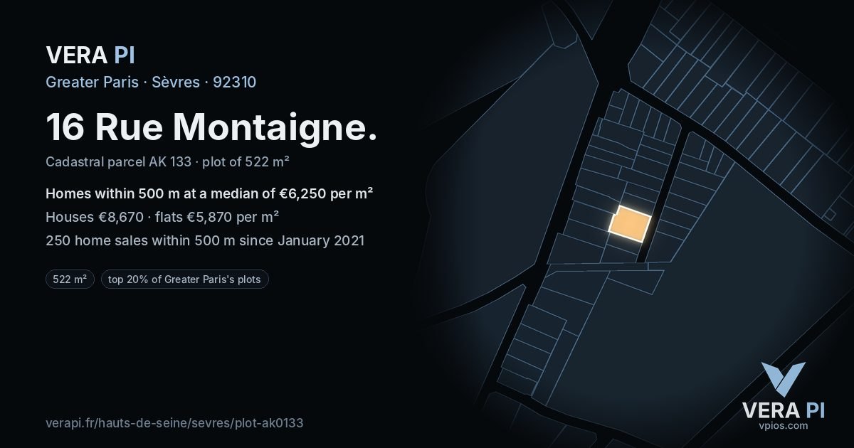 16 Rue Montaigne, Sèvres at night – the plot lit, the parcels around coloured by the prices near them