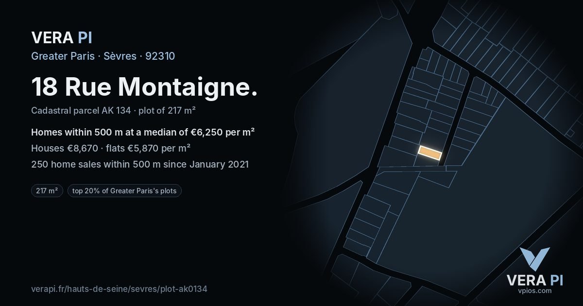18 Rue Montaigne, Sèvres at night – the plot lit, the parcels around coloured by the prices near them