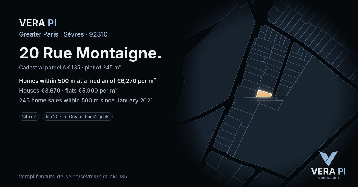 20 Rue Montaigne, Sèvres at night – the plot lit, the parcels around coloured by the prices near them