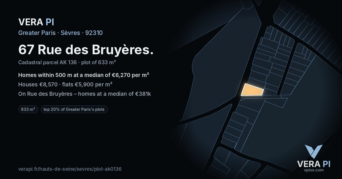 67 Rue des Bruyères, Sèvres at night – the plot lit, the parcels around coloured by the prices near them