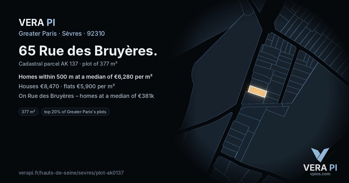 65 Rue des Bruyères, Sèvres at night – the plot lit, the parcels around coloured by the prices near them