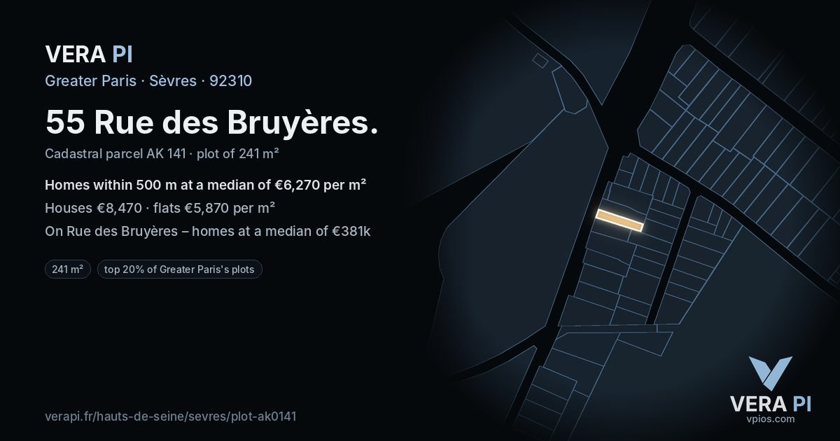 55 Rue des Bruyères, Sèvres at night – the plot lit, the parcels around coloured by the prices near them