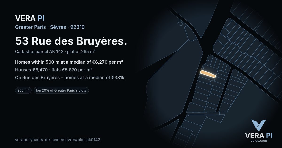 53 Rue des Bruyères, Sèvres at night – the plot lit, the parcels around coloured by the prices near them