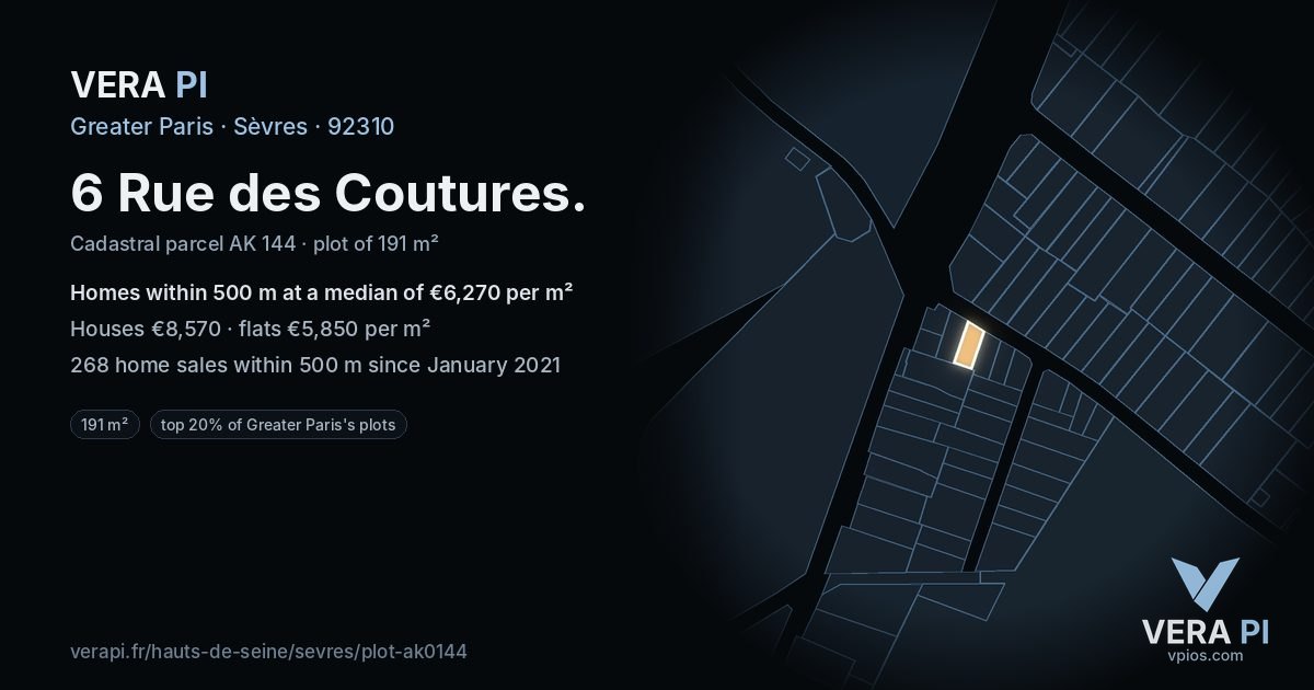 6 Rue des Coutures, Sèvres at night – the plot lit, the parcels around coloured by the prices near them