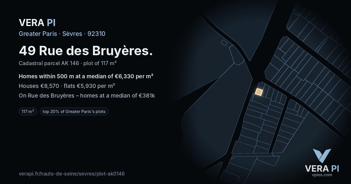 49 Rue des Bruyères, Sèvres at night – the plot lit, the parcels around coloured by the prices near them