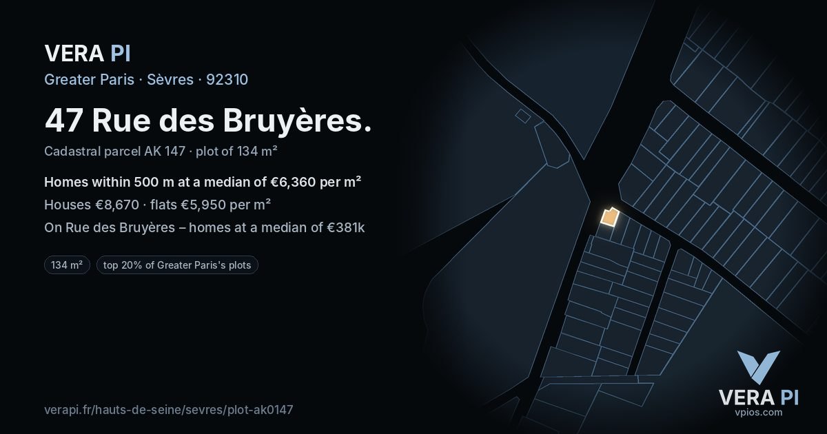 47 Rue des Bruyères, Sèvres at night – the plot lit, the parcels around coloured by the prices near them