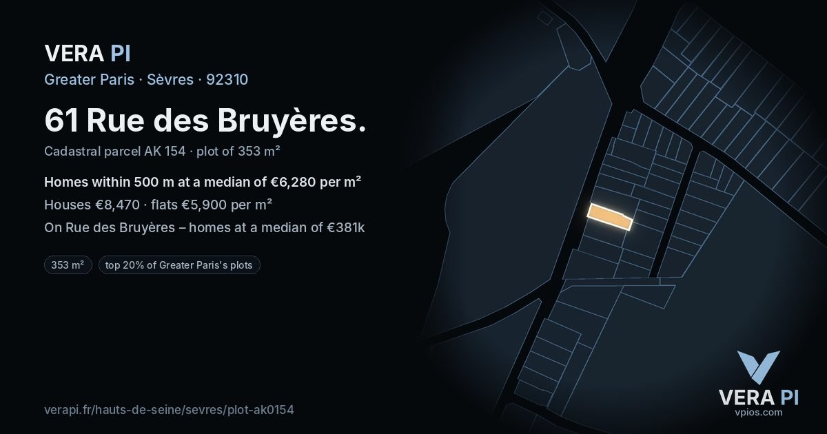 61 Rue des Bruyères, Sèvres at night – the plot lit, the parcels around coloured by the prices near them