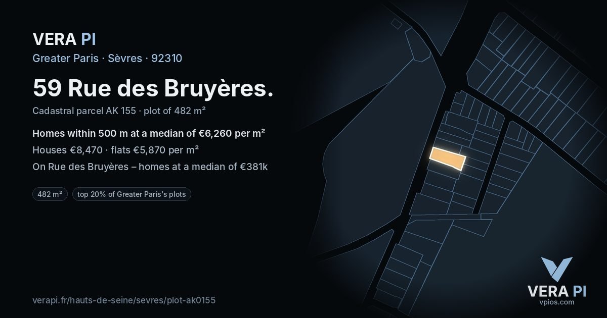 59 Rue des Bruyères, Sèvres at night – the plot lit, the parcels around coloured by the prices near them