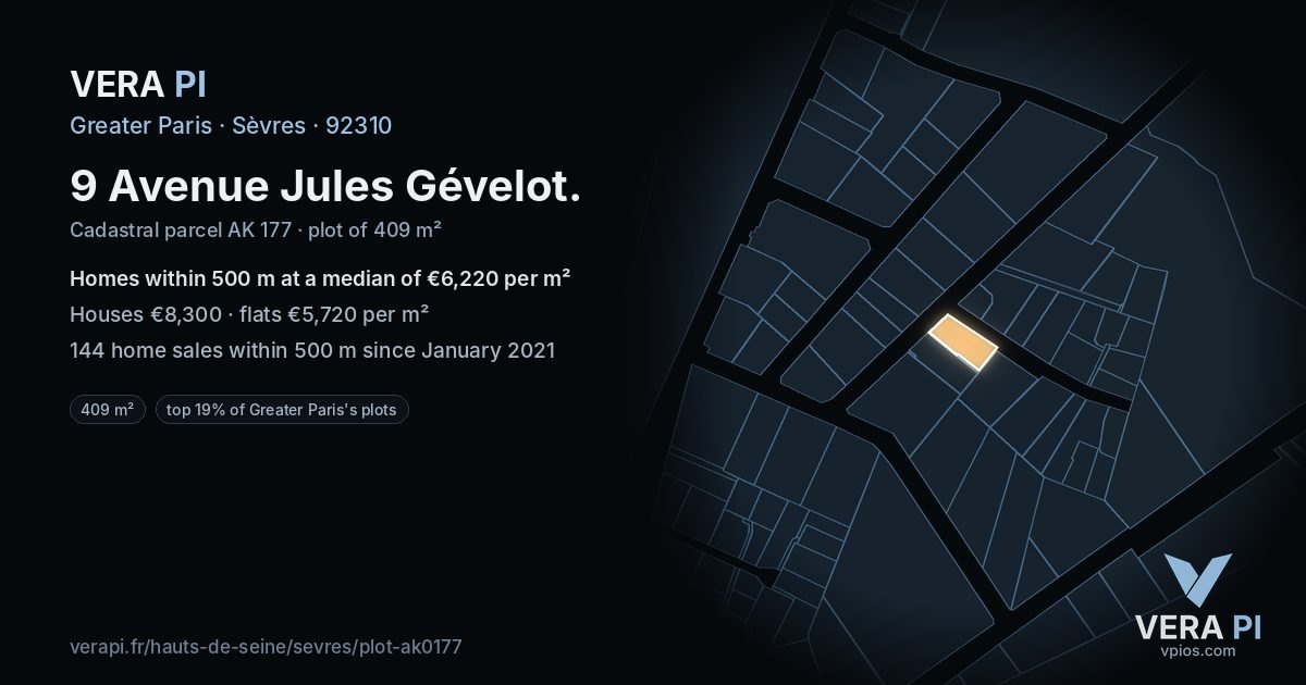 9 Avenue Jules Gévelot, Sèvres at night – the plot lit, the parcels around coloured by the prices near them