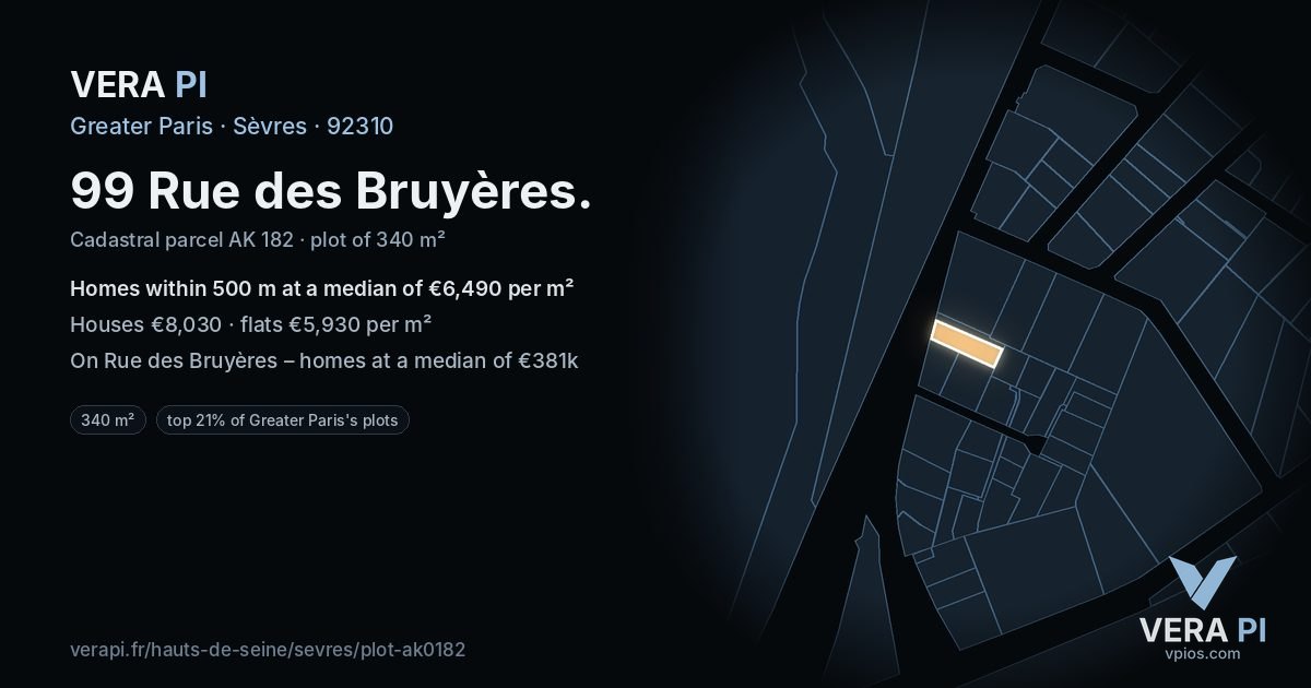 99 Rue des Bruyères, Sèvres at night – the plot lit, the parcels around coloured by the prices near them