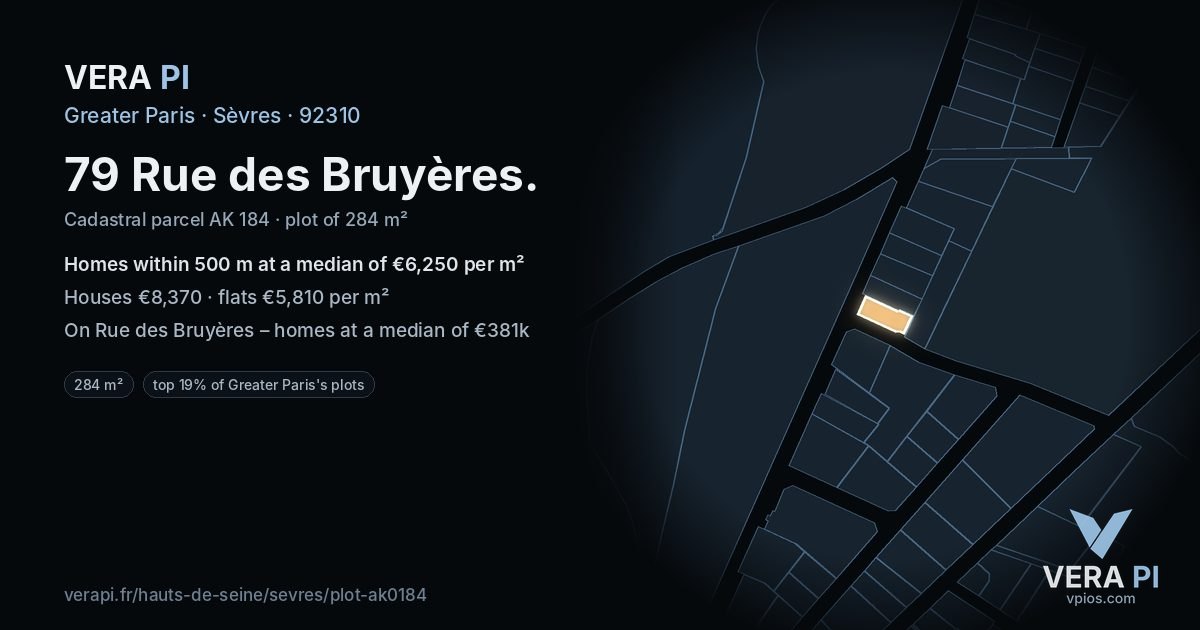 79 Rue des Bruyères, Sèvres at night – the plot lit, the parcels around coloured by the prices near them