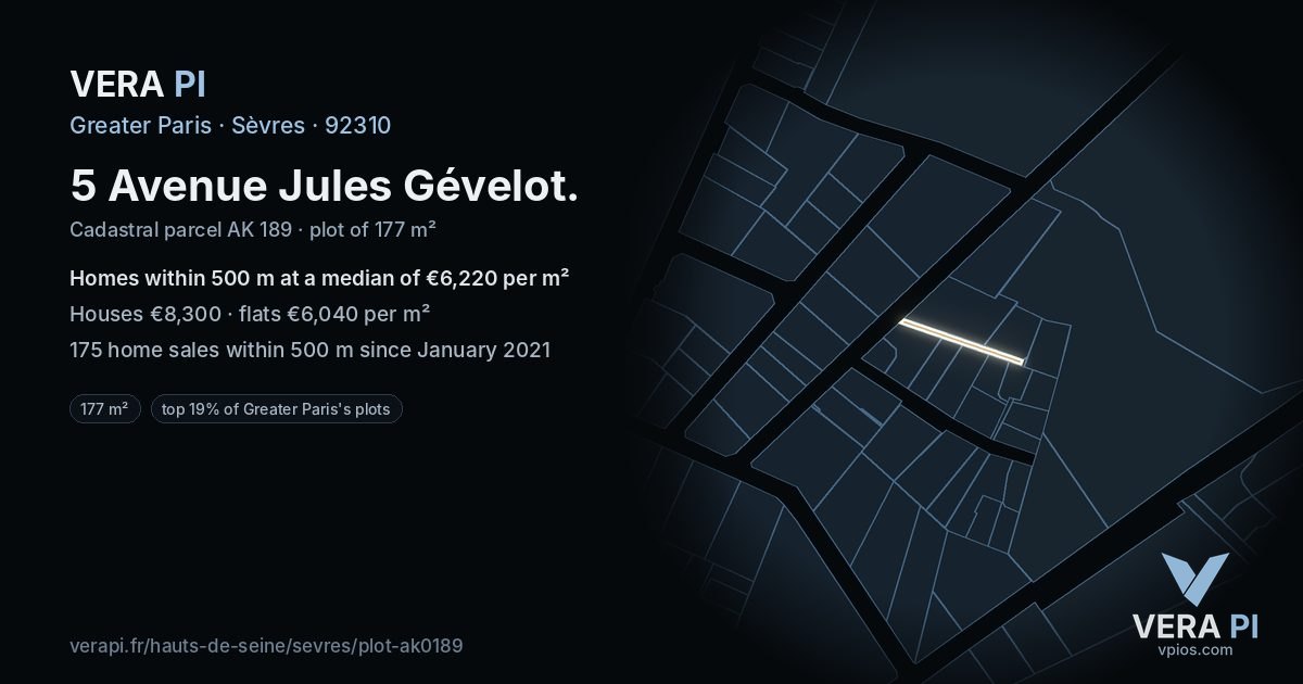 5 Avenue Jules Gévelot, Sèvres at night – the plot lit, the parcels around coloured by the prices near them