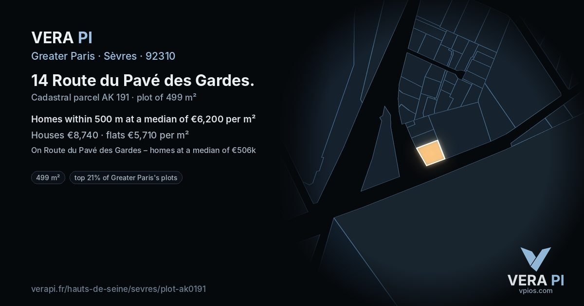 14 Route du Pavé des Gardes, Sèvres at night – the plot lit, the parcels around coloured by the prices near them
