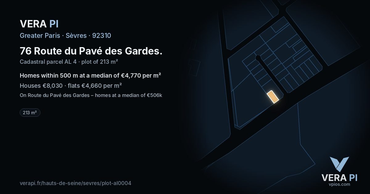 76 Route du Pavé des Gardes, Sèvres at night – the plot lit, the parcels around coloured by the prices near them