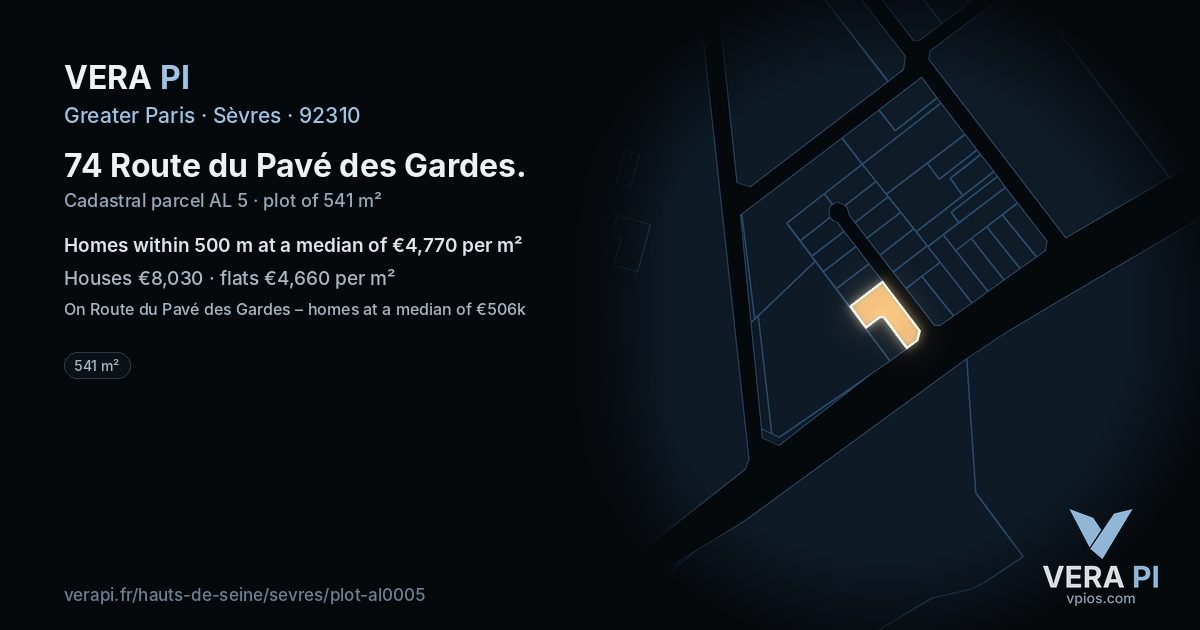 74 Route du Pavé des Gardes, Sèvres at night – the plot lit, the parcels around coloured by the prices near them
