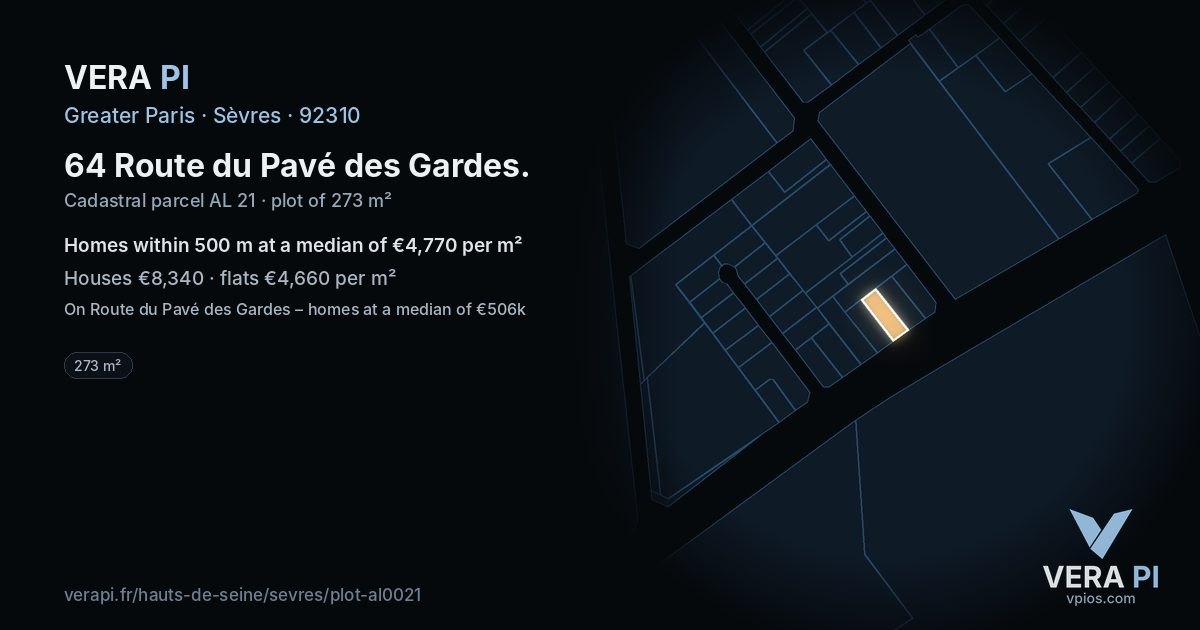 64 Route du Pavé des Gardes, Sèvres at night – the plot lit, the parcels around coloured by the prices near them