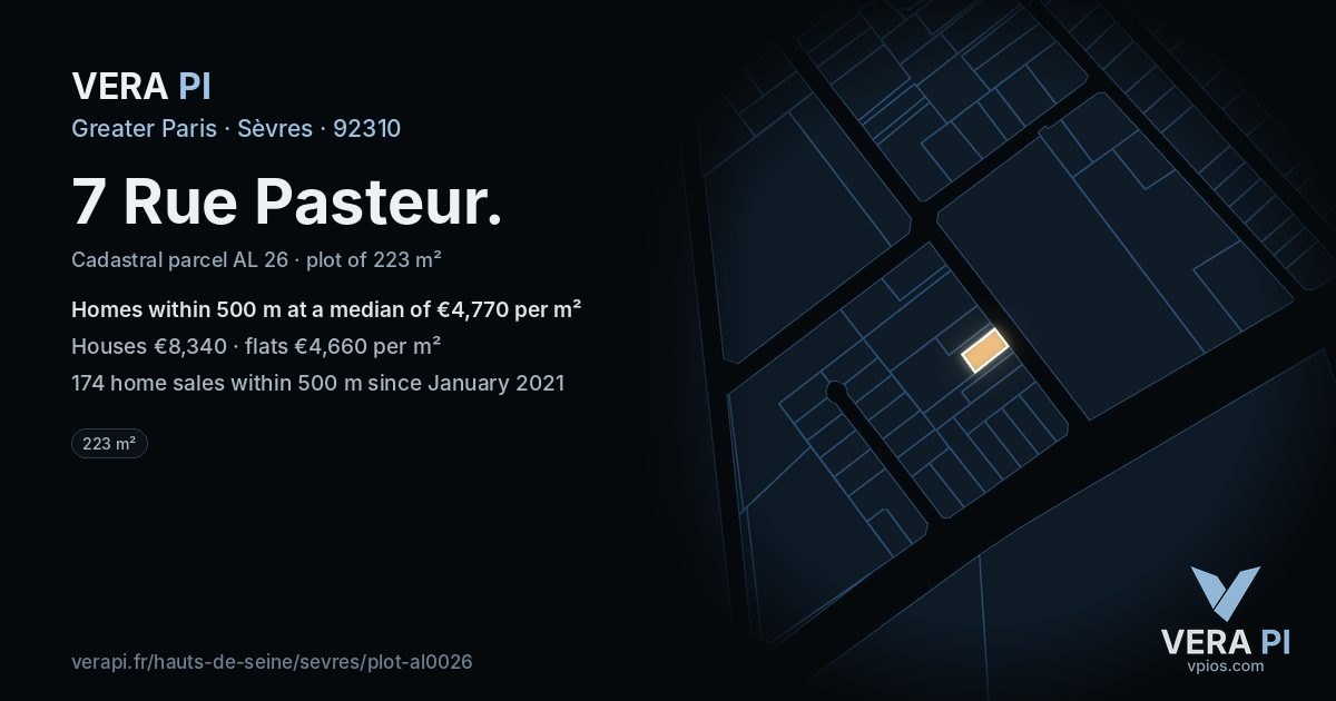 7 Rue Pasteur, Sèvres at night – the plot lit, the parcels around coloured by the prices near them