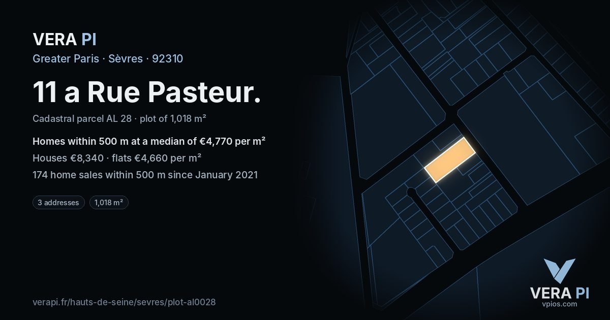 11 a Rue Pasteur, Sèvres at night – the plot lit, the parcels around coloured by the prices near them