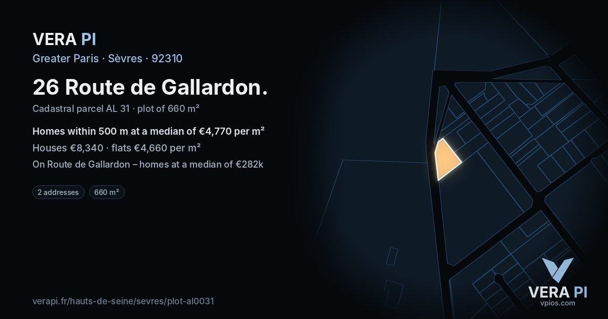 26 Route de Gallardon, Sèvres at night – the plot lit, the parcels around coloured by the prices near them