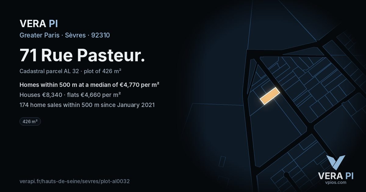 71 Rue Pasteur, Sèvres at night – the plot lit, the parcels around coloured by the prices near them