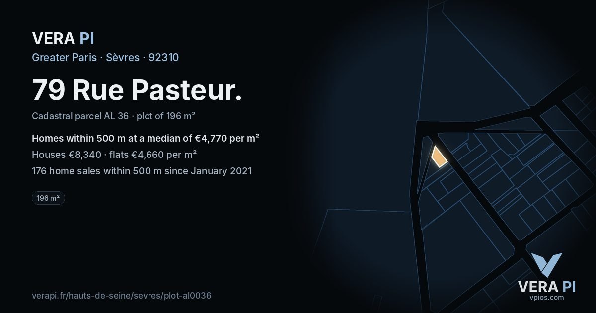 79 Rue Pasteur, Sèvres at night – the plot lit, the parcels around coloured by the prices near them