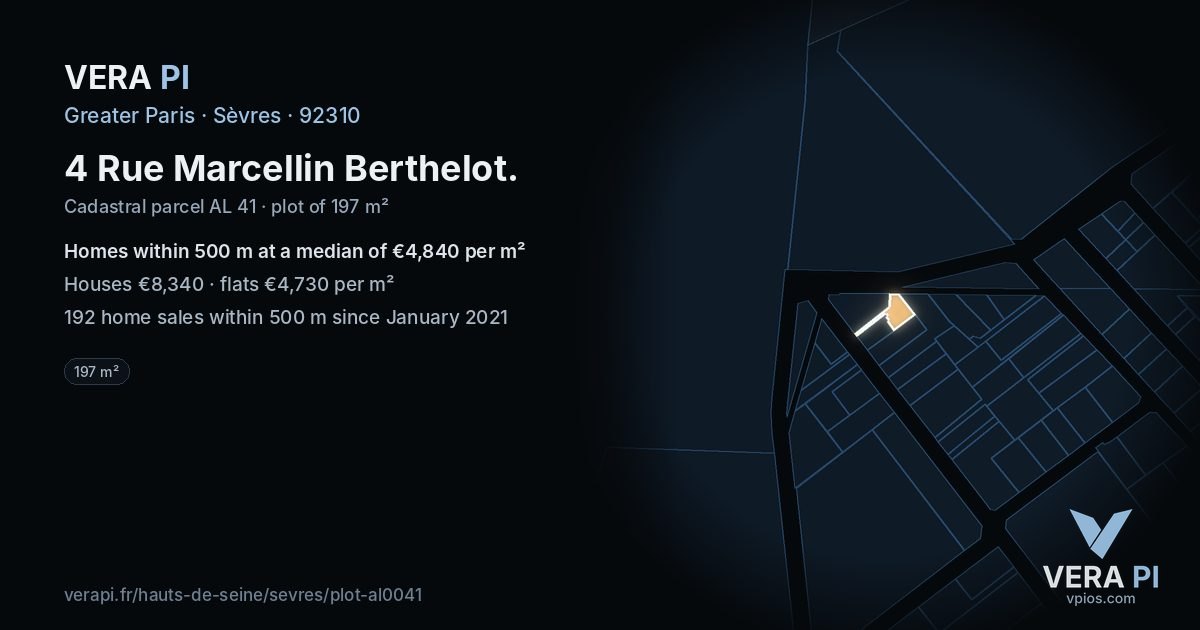 4 Rue Marcellin Berthelot, Sèvres at night – the plot lit, the parcels around coloured by the prices near them
