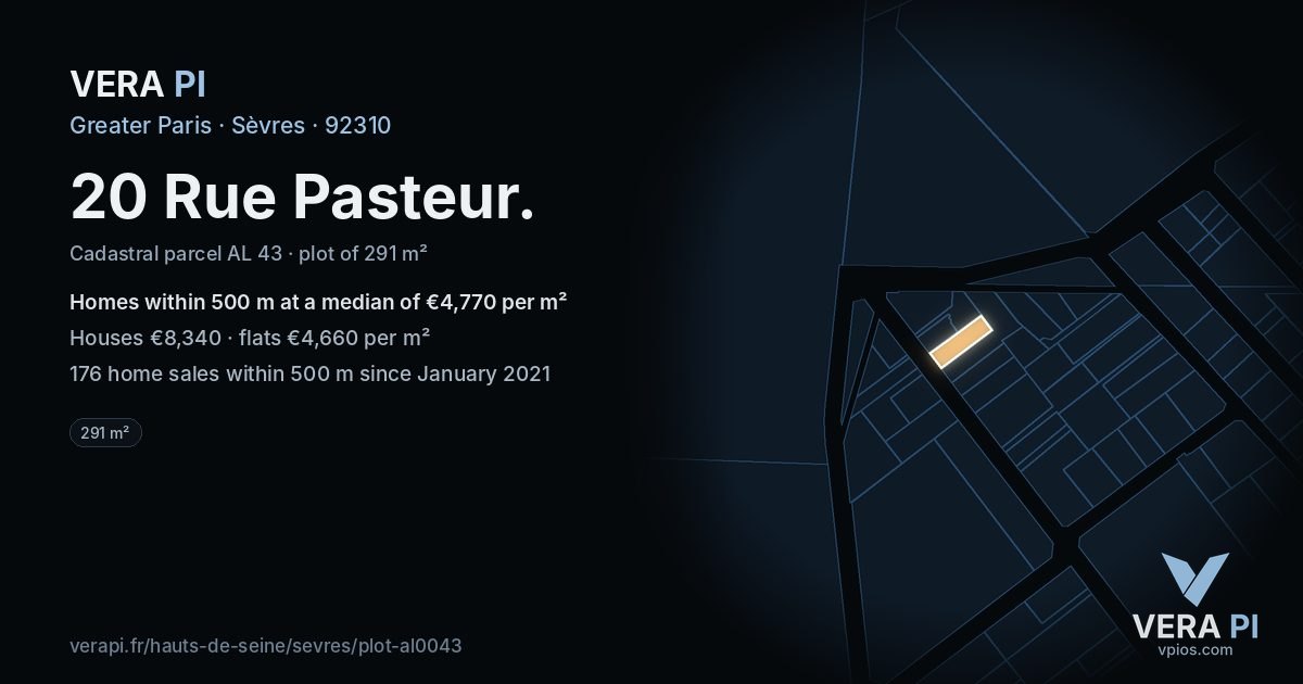20 Rue Pasteur, Sèvres at night – the plot lit, the parcels around coloured by the prices near them
