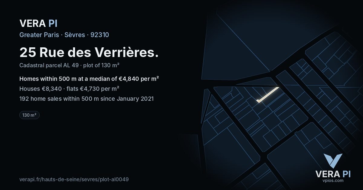 25 Rue des Verrières, Sèvres at night – the plot lit, the parcels around coloured by the prices near them