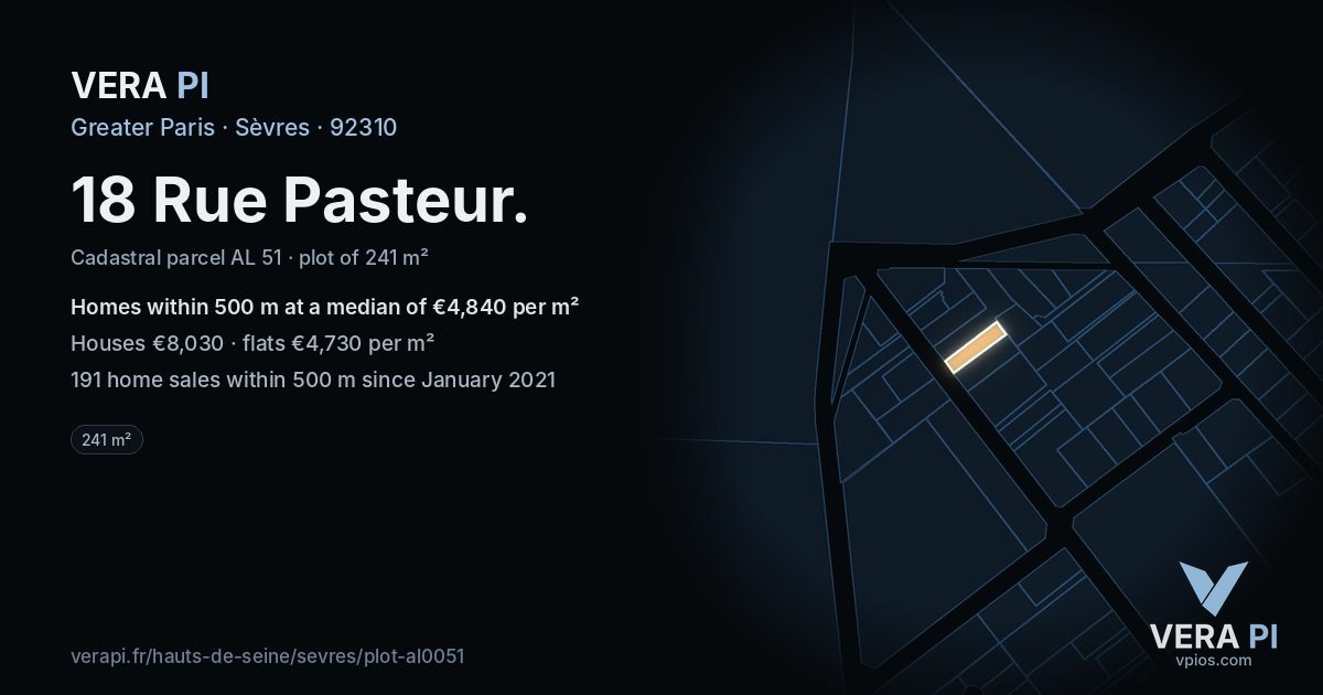 18 Rue Pasteur, Sèvres at night – the plot lit, the parcels around coloured by the prices near them