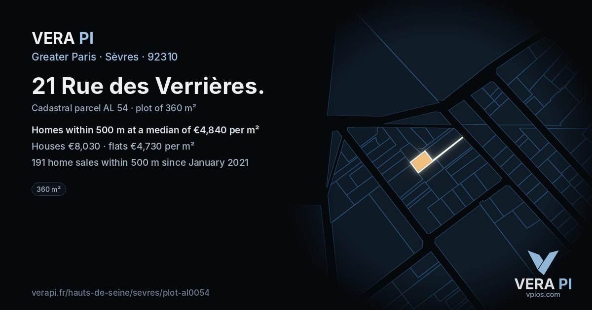 21 Rue des Verrières, Sèvres at night – the plot lit, the parcels around coloured by the prices near them