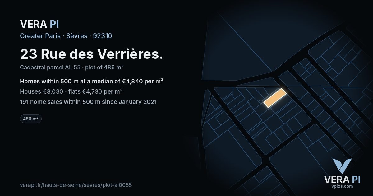 23 Rue des Verrières, Sèvres at night – the plot lit, the parcels around coloured by the prices near them