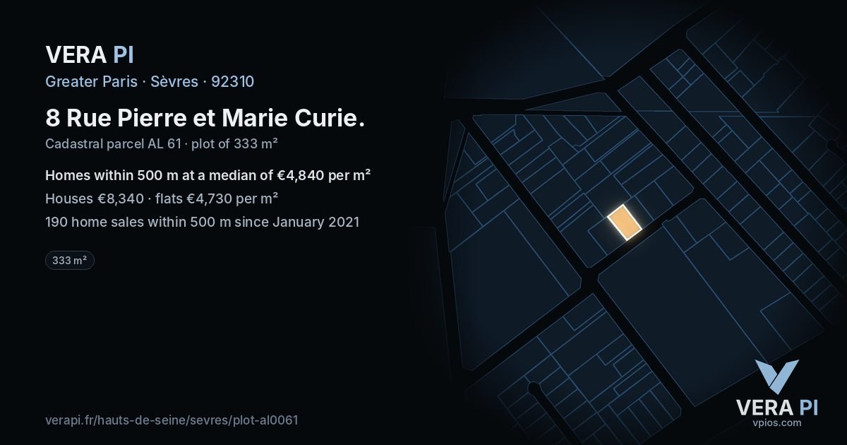 8 Rue Pierre et Marie Curie, Sèvres at night – the plot lit, the parcels around coloured by the prices near them