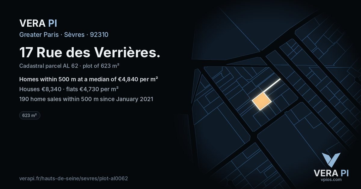 17 Rue des Verrières, Sèvres at night – the plot lit, the parcels around coloured by the prices near them