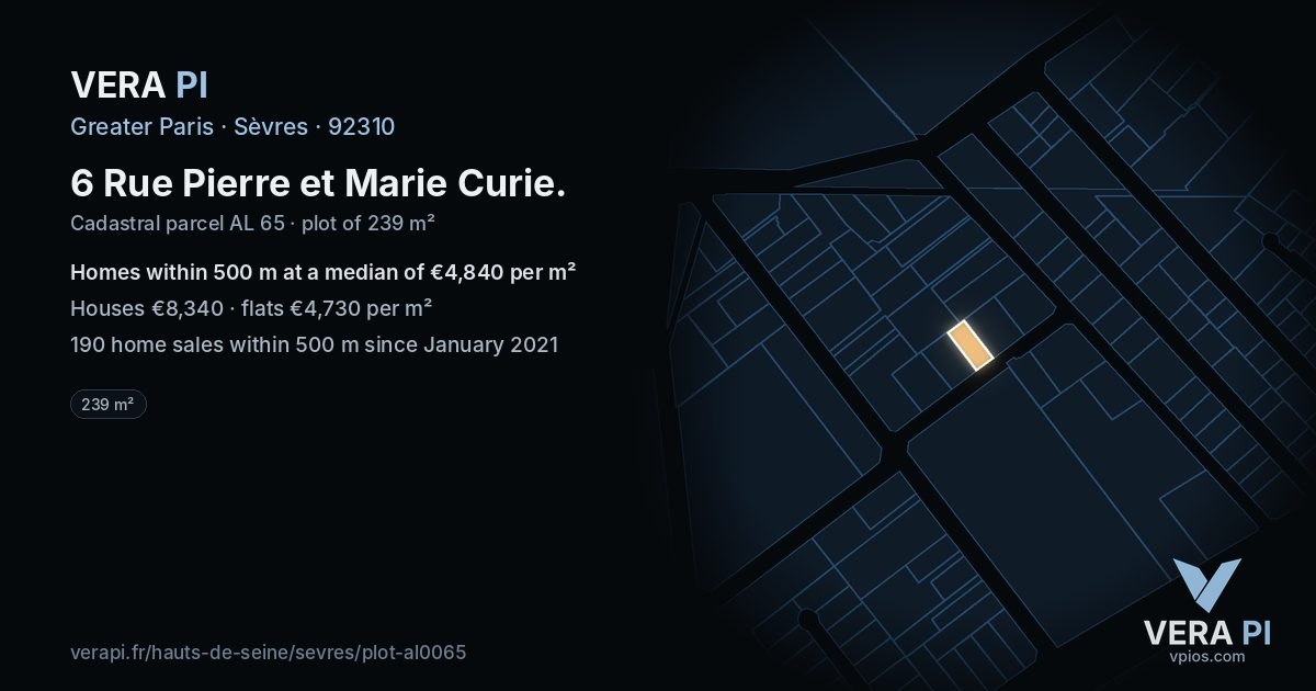 6 Rue Pierre et Marie Curie, Sèvres at night – the plot lit, the parcels around coloured by the prices near them