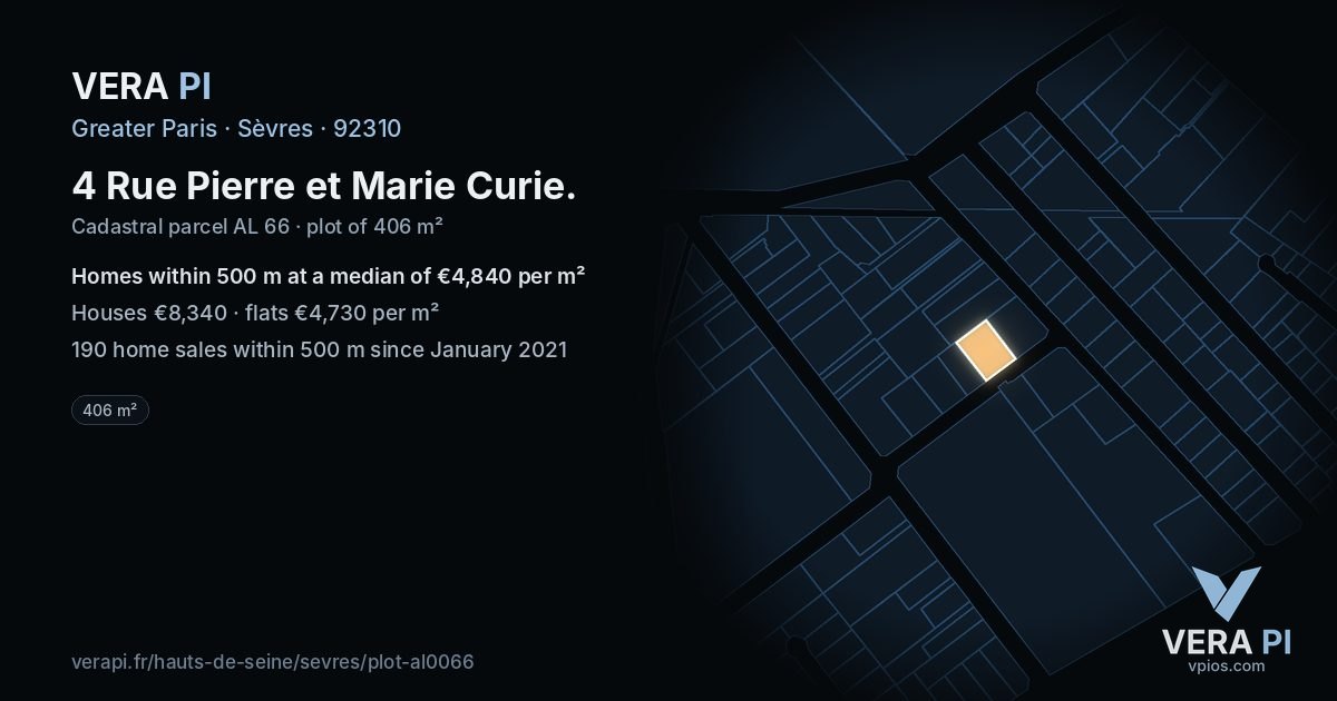 4 Rue Pierre et Marie Curie, Sèvres at night – the plot lit, the parcels around coloured by the prices near them