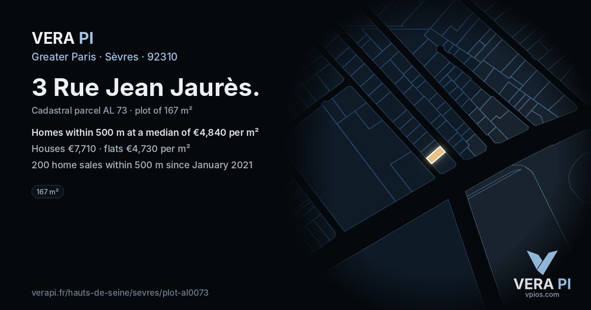 3 Rue Jean Jaurès, Sèvres at night – the plot lit, the parcels around coloured by the prices near them