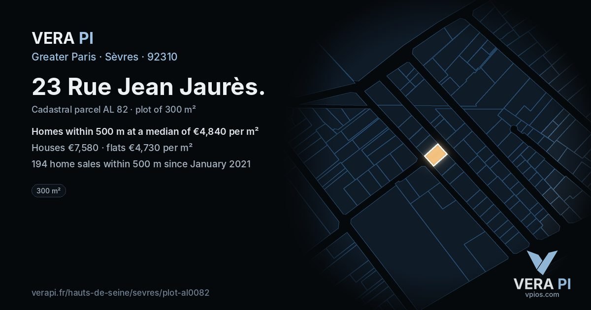 23 Rue Jean Jaurès, Sèvres at night – the plot lit, the parcels around coloured by the prices near them