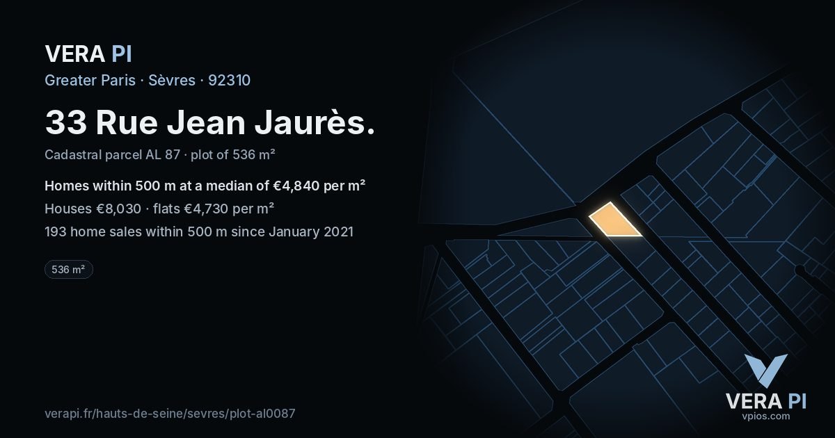 33 Rue Jean Jaurès, Sèvres at night – the plot lit, the parcels around coloured by the prices near them