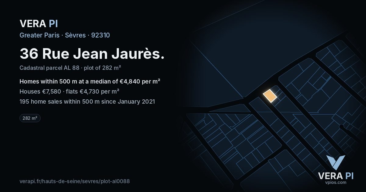 36 Rue Jean Jaurès, Sèvres at night – the plot lit, the parcels around coloured by the prices near them