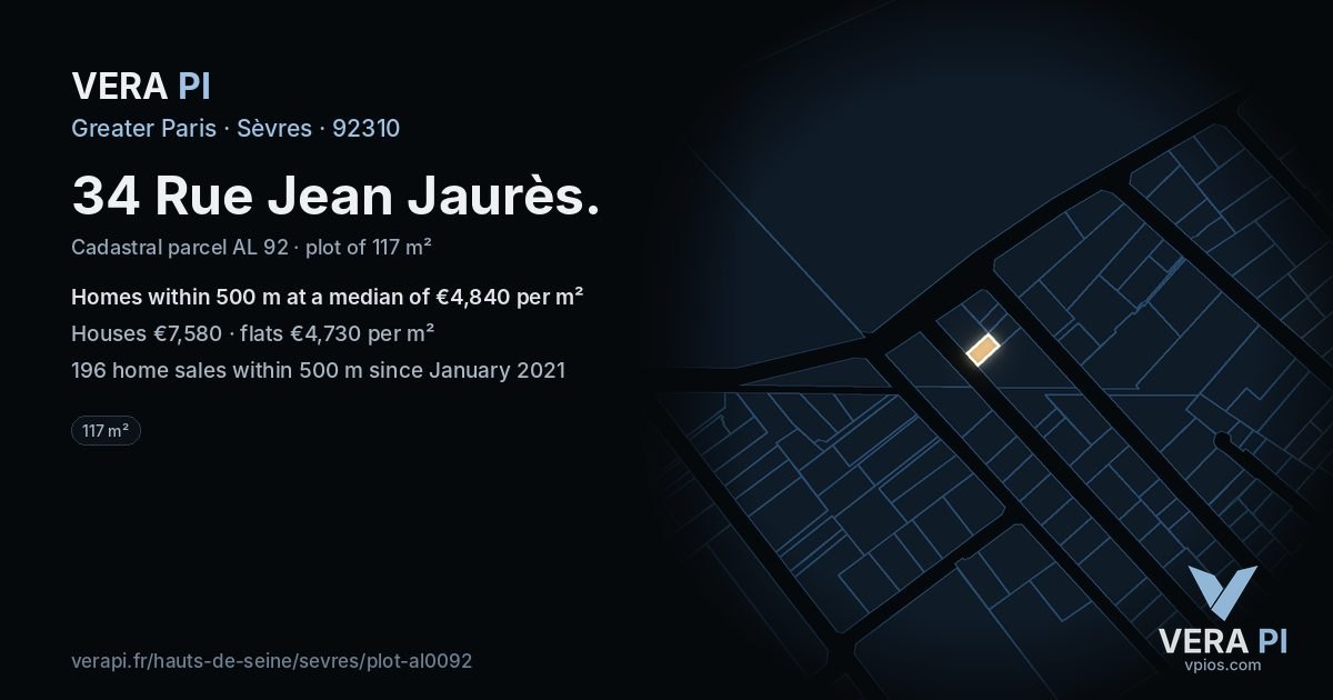 34 Rue Jean Jaurès, Sèvres at night – the plot lit, the parcels around coloured by the prices near them