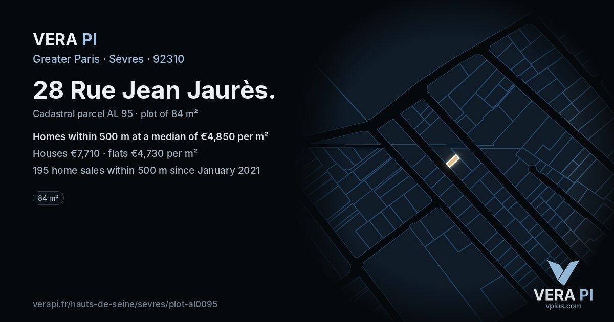 28 Rue Jean Jaurès, Sèvres at night – the plot lit, the parcels around coloured by the prices near them